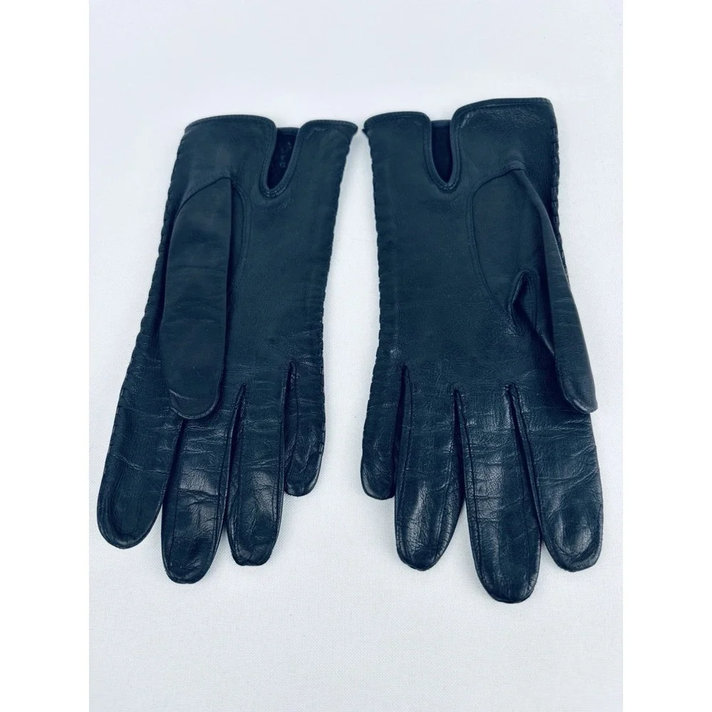 Vintage Madova Black Braided Kid Leather Women's Gloves Size 6.5 Florence Italy